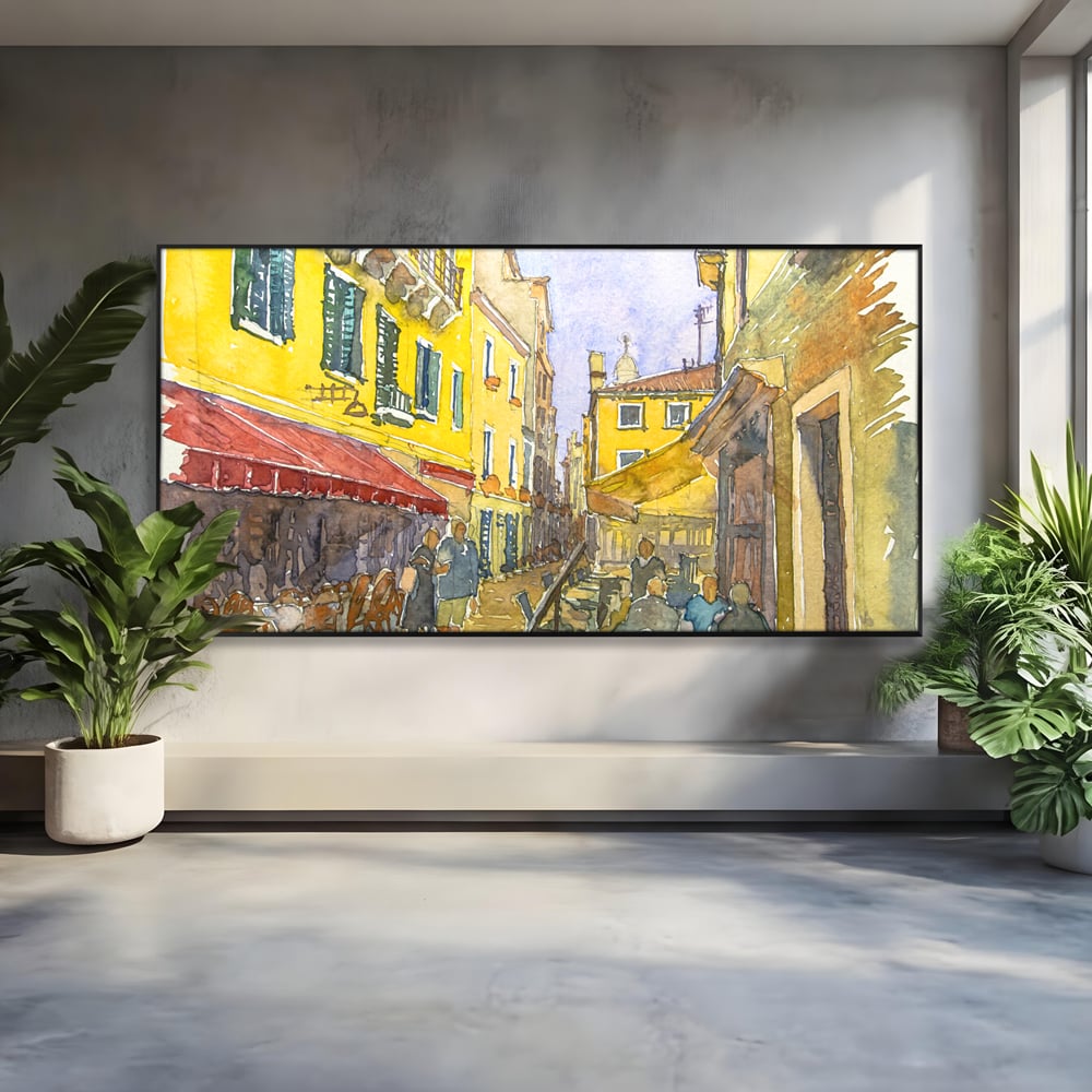 Tablou canvas cu pictura acuarela strada cu terase, in rama de aluminiu negru